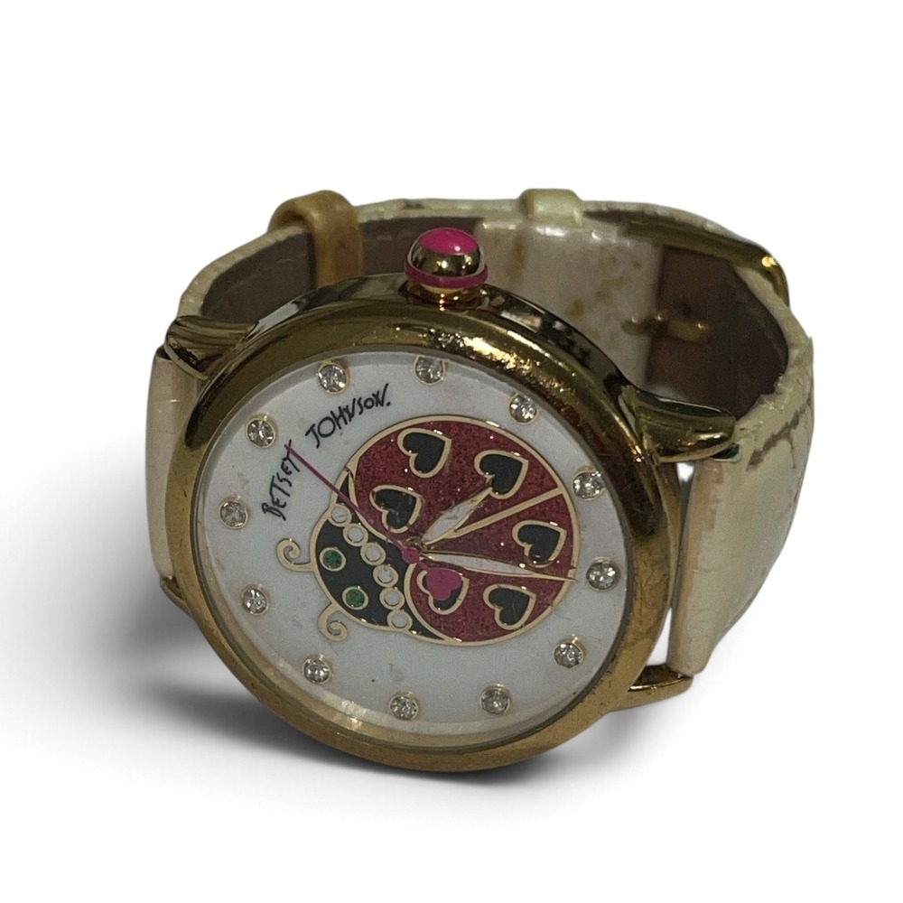 Betsey Johnson Ladybug Watch Womens OS Cream Gold Crystal Heart BJ00084-30